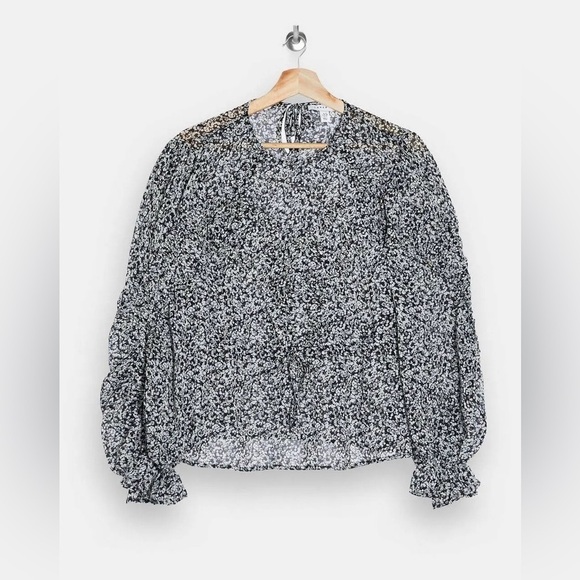 NWT ASOS Topshop Women's Long Sleeve Top Black Floral Ruffle Blouse Size 8 - Picture 13 of 13